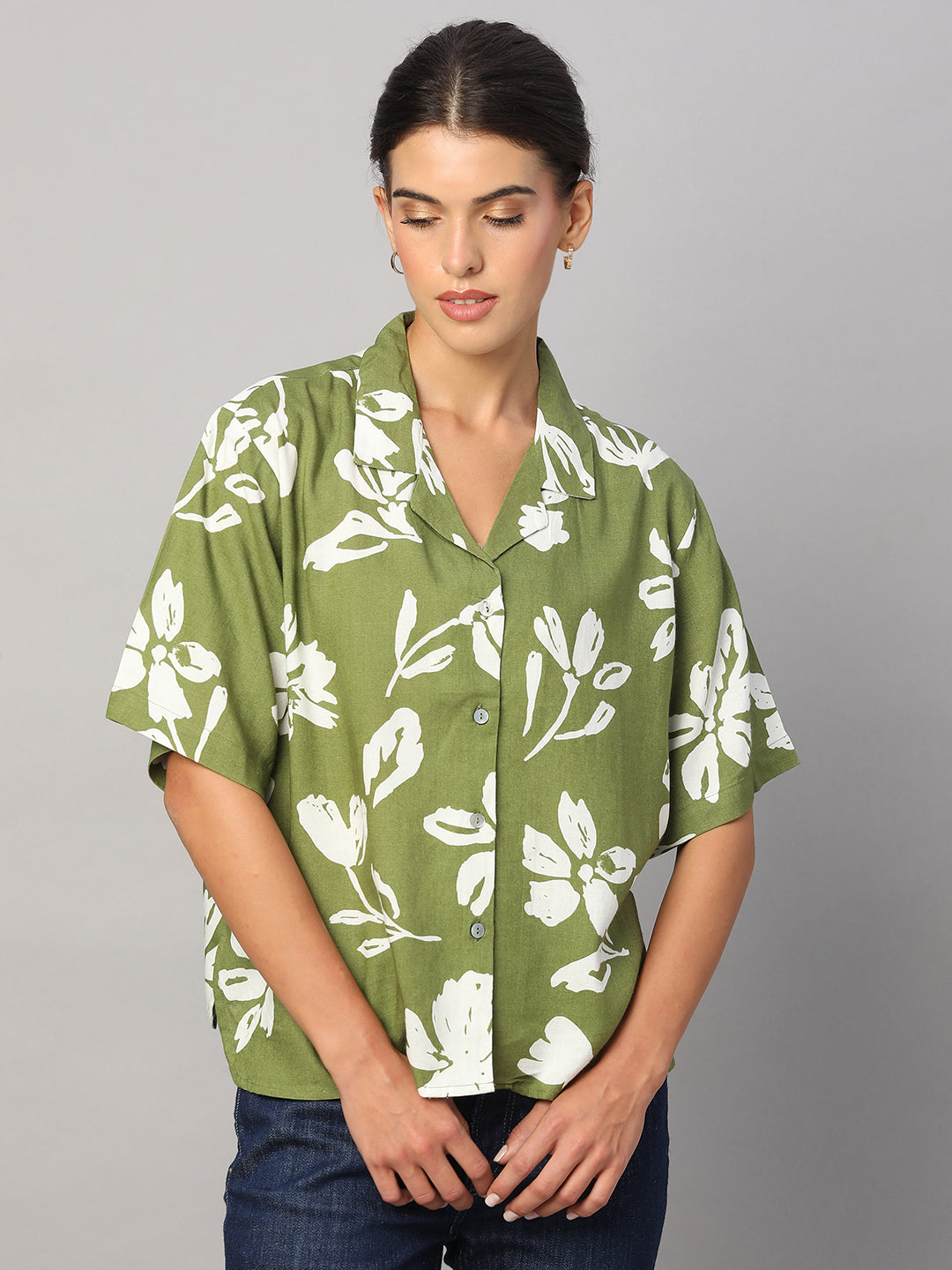 Women's Olive Linen Viscose Boxy Fit Blouse