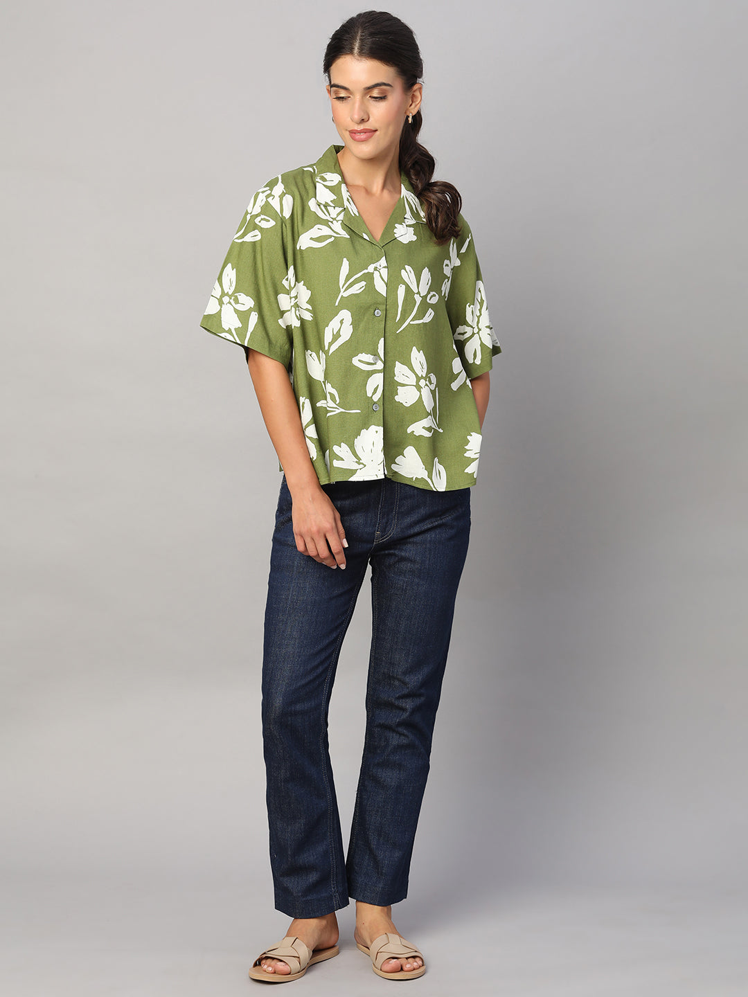 Women's Olive Linen Viscose Boxy Fit Blouse