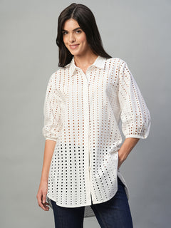 Women’s Cotton Regular Fit Eyelet Longline Blouse White