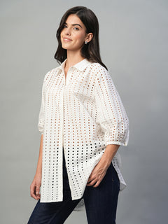 Women’s Cotton Regular Fit Eyelet Longline Blouse White