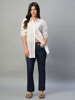 Women’s Cotton Regular Fit Eyelet Longline Blouse White