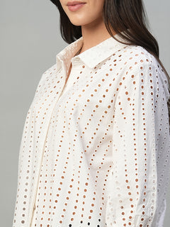 Women’s Cotton Regular Fit Eyelet Longline Blouse White