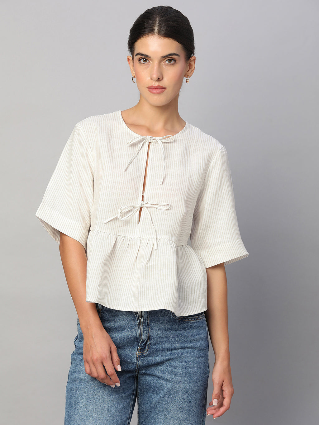 Women's Beige 100% Linen Regular Fit Blouse