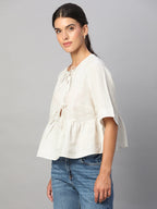 Women's Beige 100% Linen Regular Fit Blouse