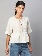 Women's Beige 100% Linen Regular Fit Blouse