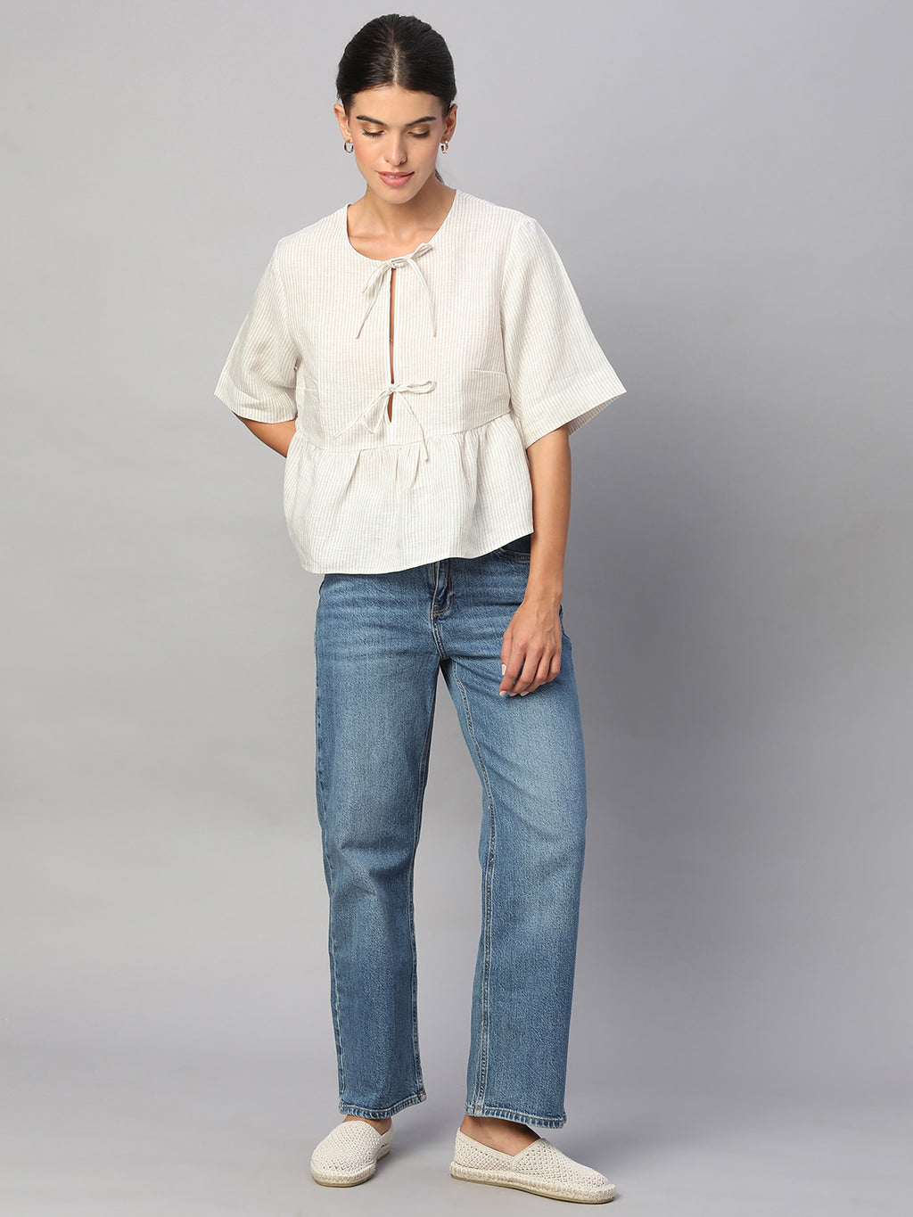 Women's Beige 100% Linen Regular Fit Blouse