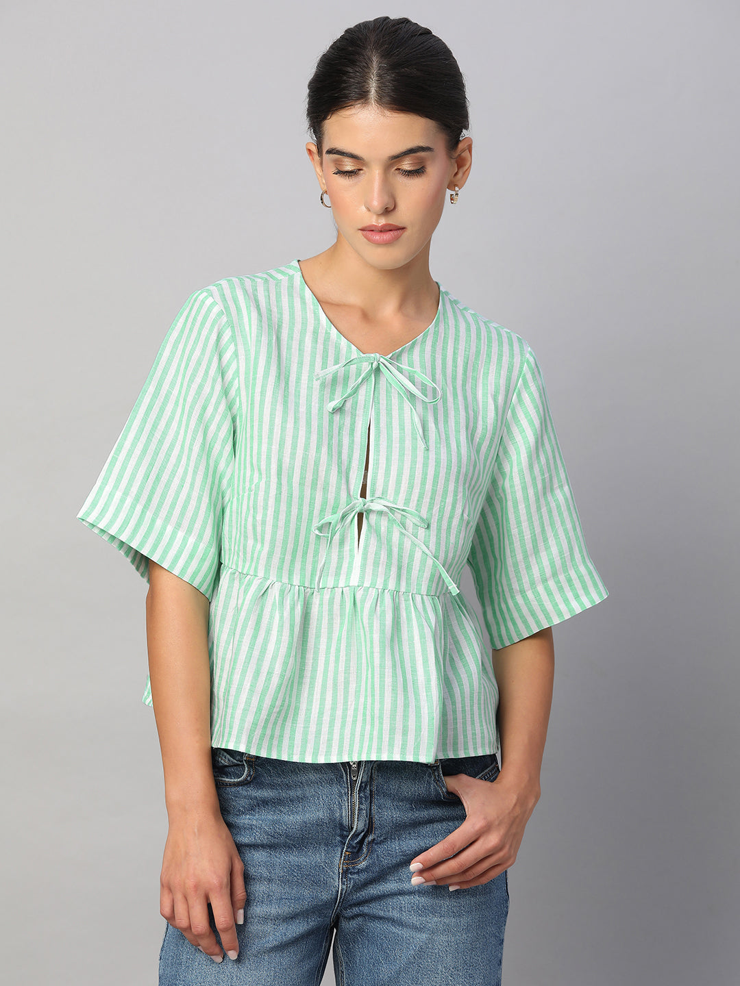 Women's Green 100% Linen Regular Fit Blouse