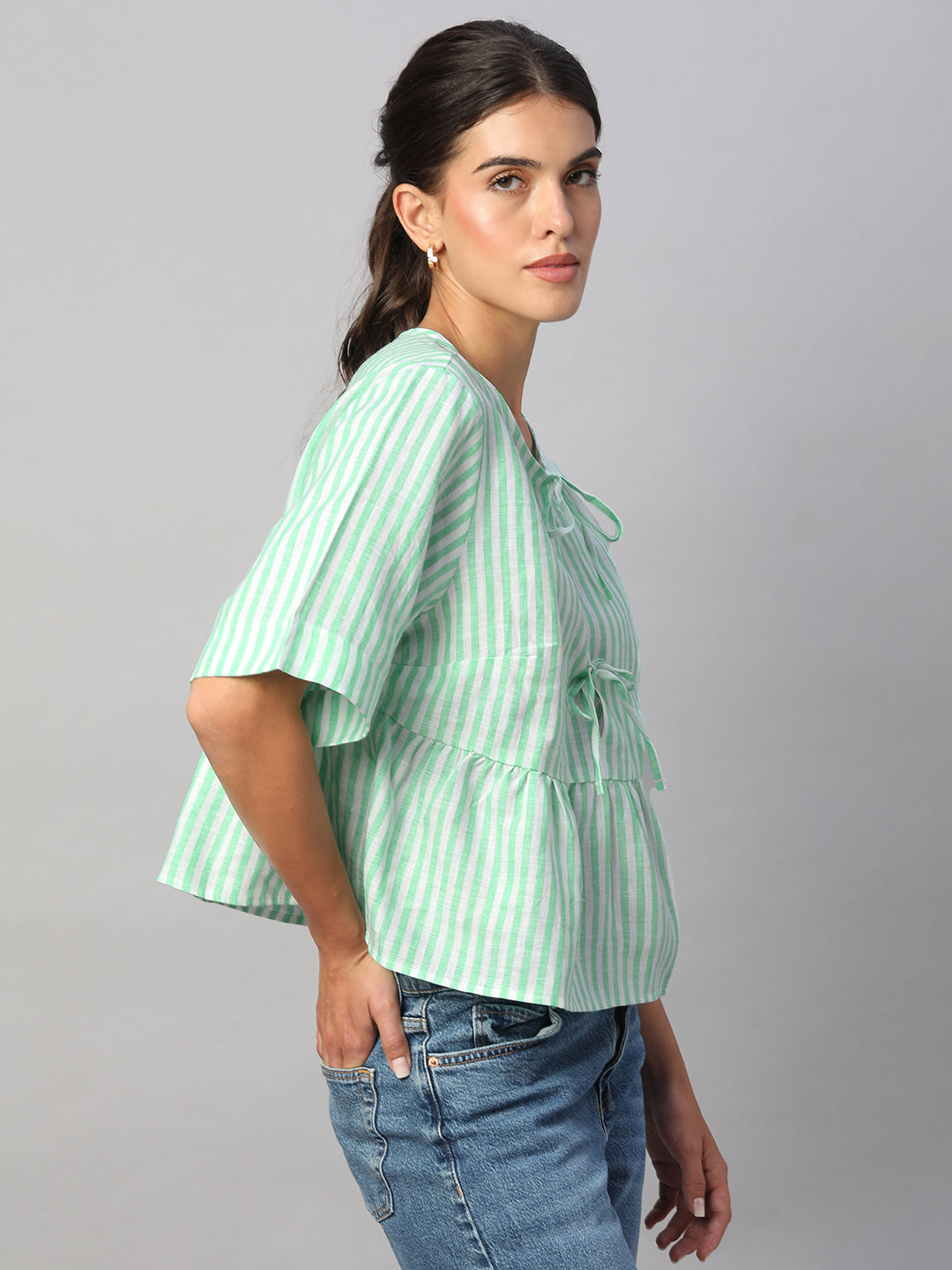 Women's Green 100% Linen Regular Fit Blouse