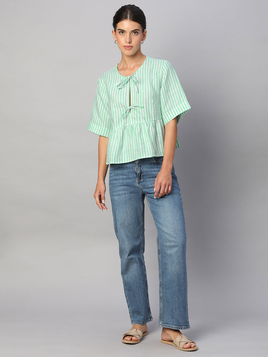 Women's Green 100% Linen Regular Fit Blouse