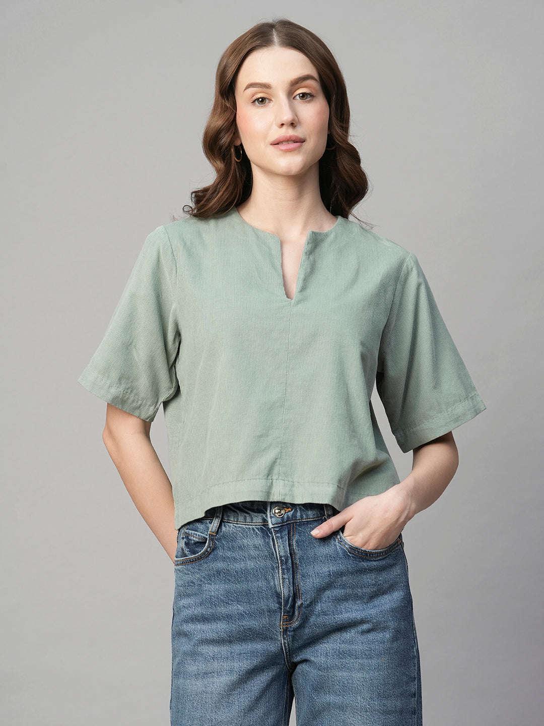 Women's Corduroy Mint 100% Cotton Regular Fit Blouse