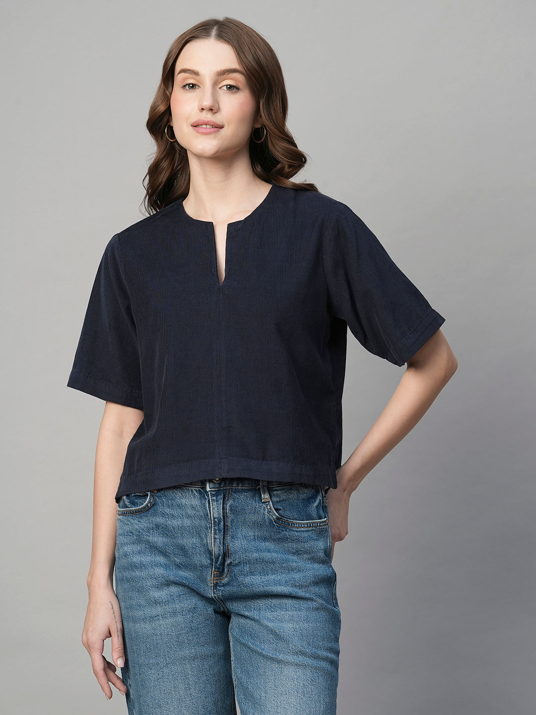 Women's Corduroy Navy 100% Cotton Regular Fit Blouse