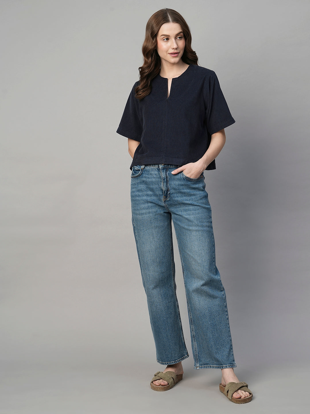 Women's Corduroy Navy 100% Cotton Regular Fit Blouse