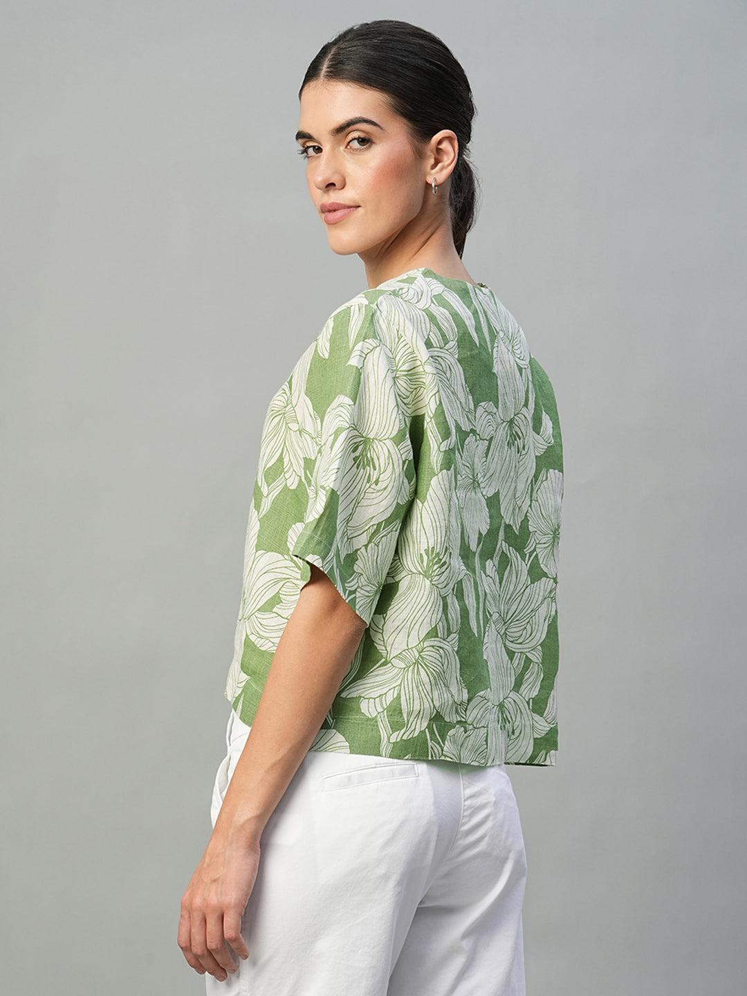 Women's Green 100% Linen Regular Fit Blouse