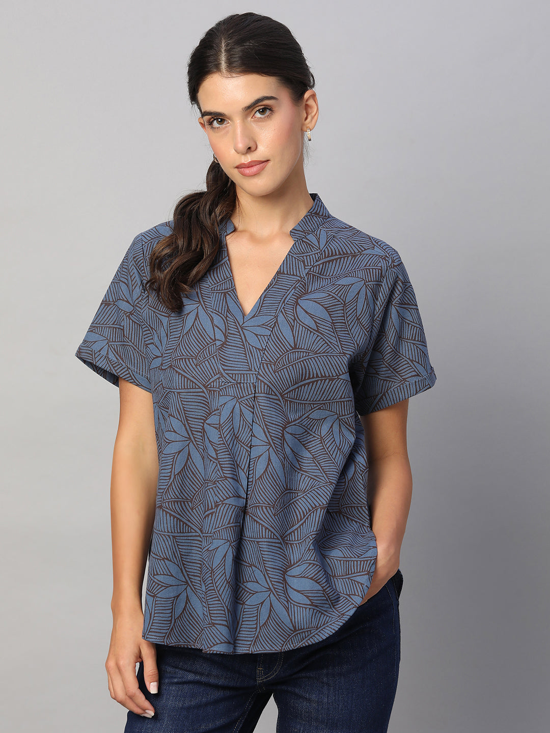 Women's Blue Cotton Flax Regular Fit Blouse