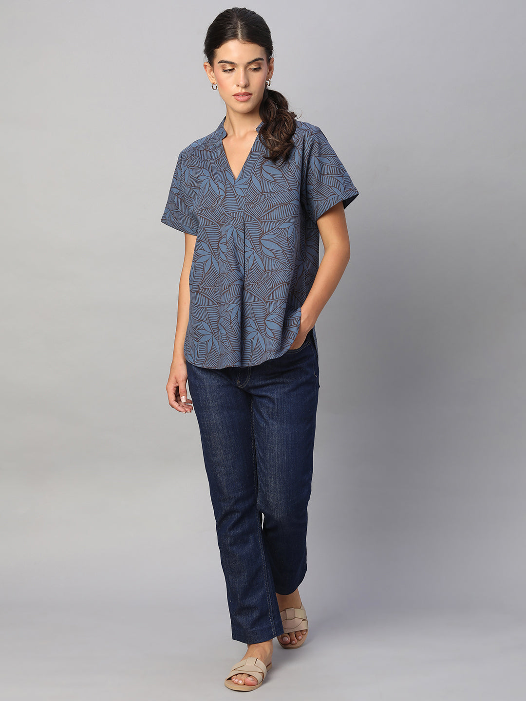 Women's Blue Cotton Flax Regular Fit Blouse