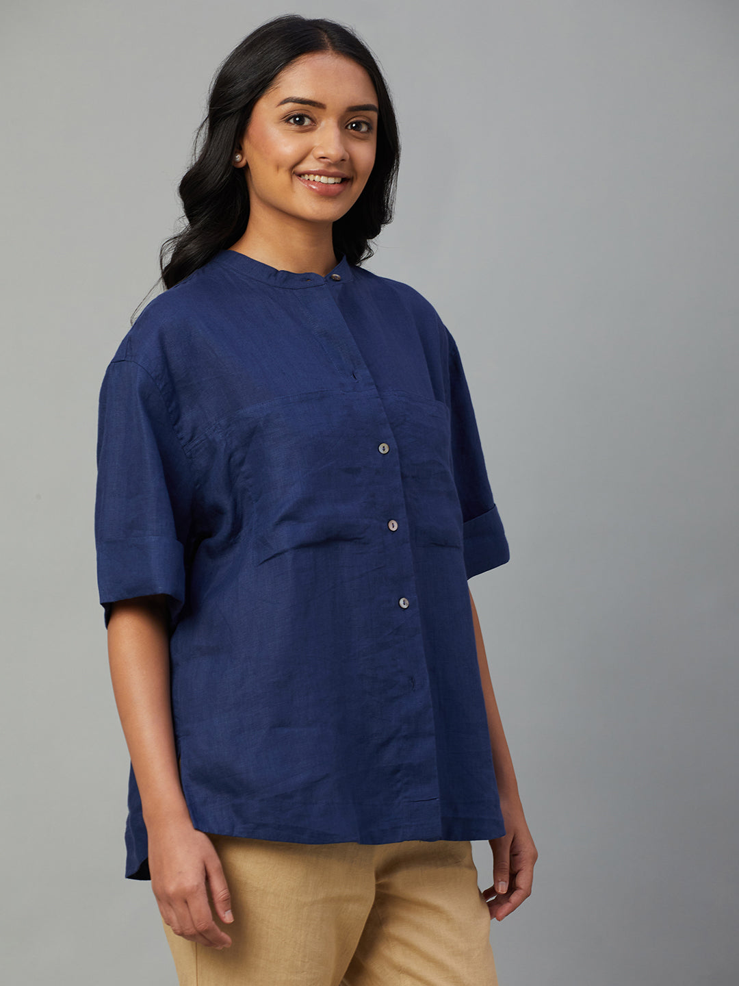 Women's Blue 100% Linen Boxy Fit Blouse