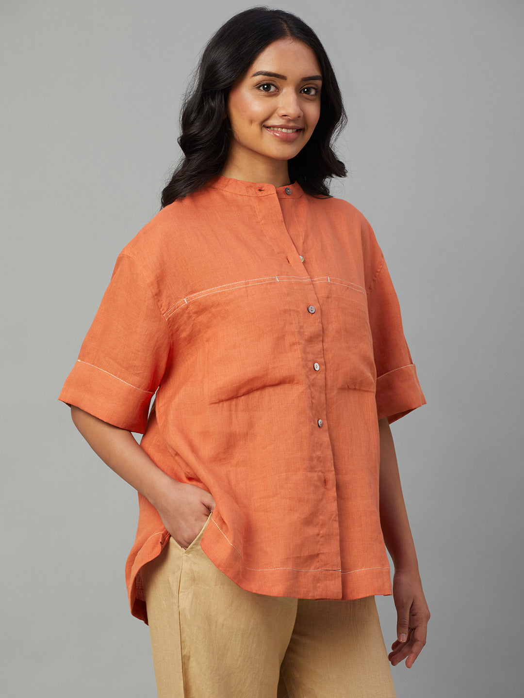 Women's Coral 100% Linen Boxy Fit Blouse
