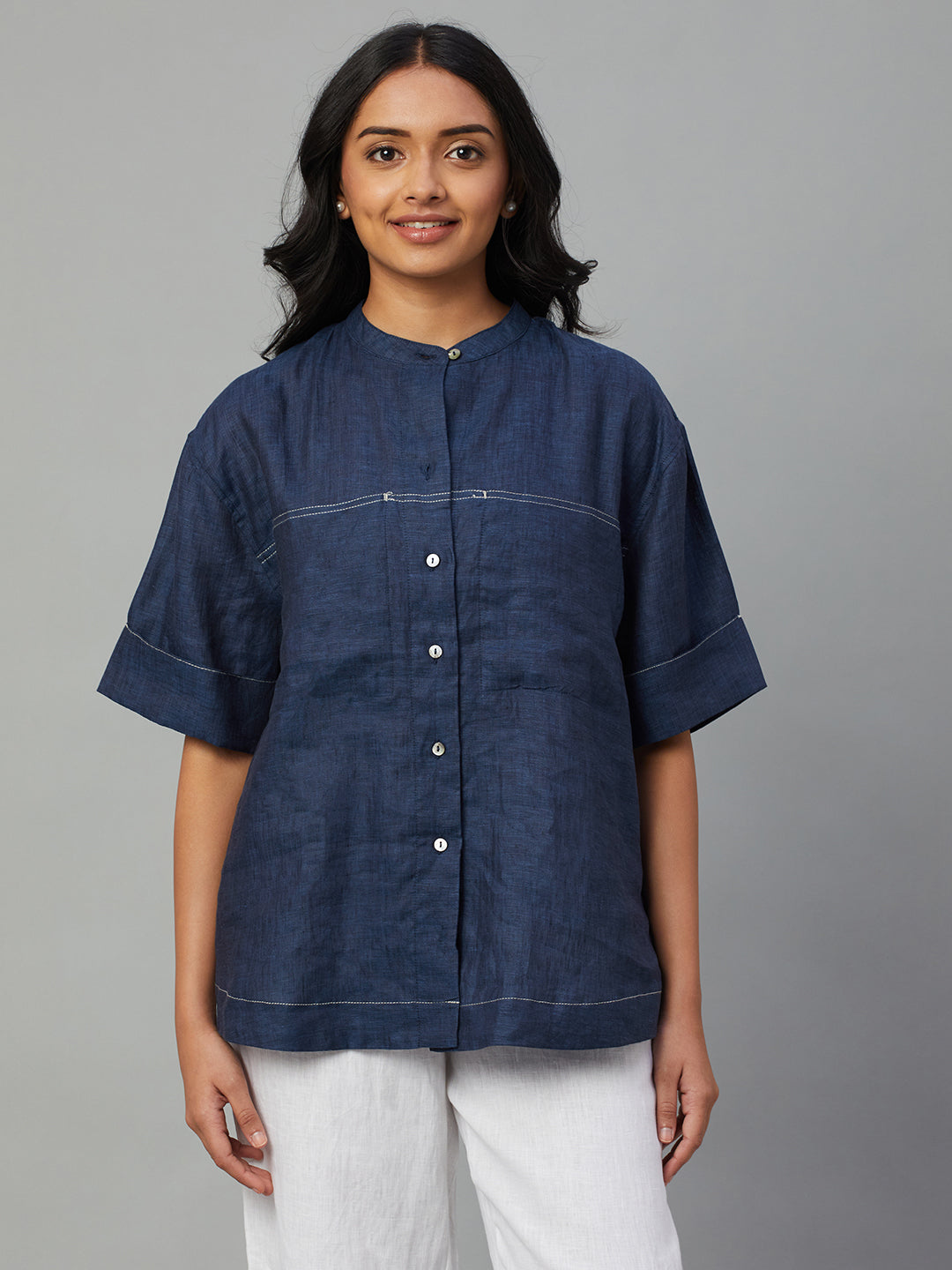 Women's Navy 100% Linen Boxy Fit Blouse