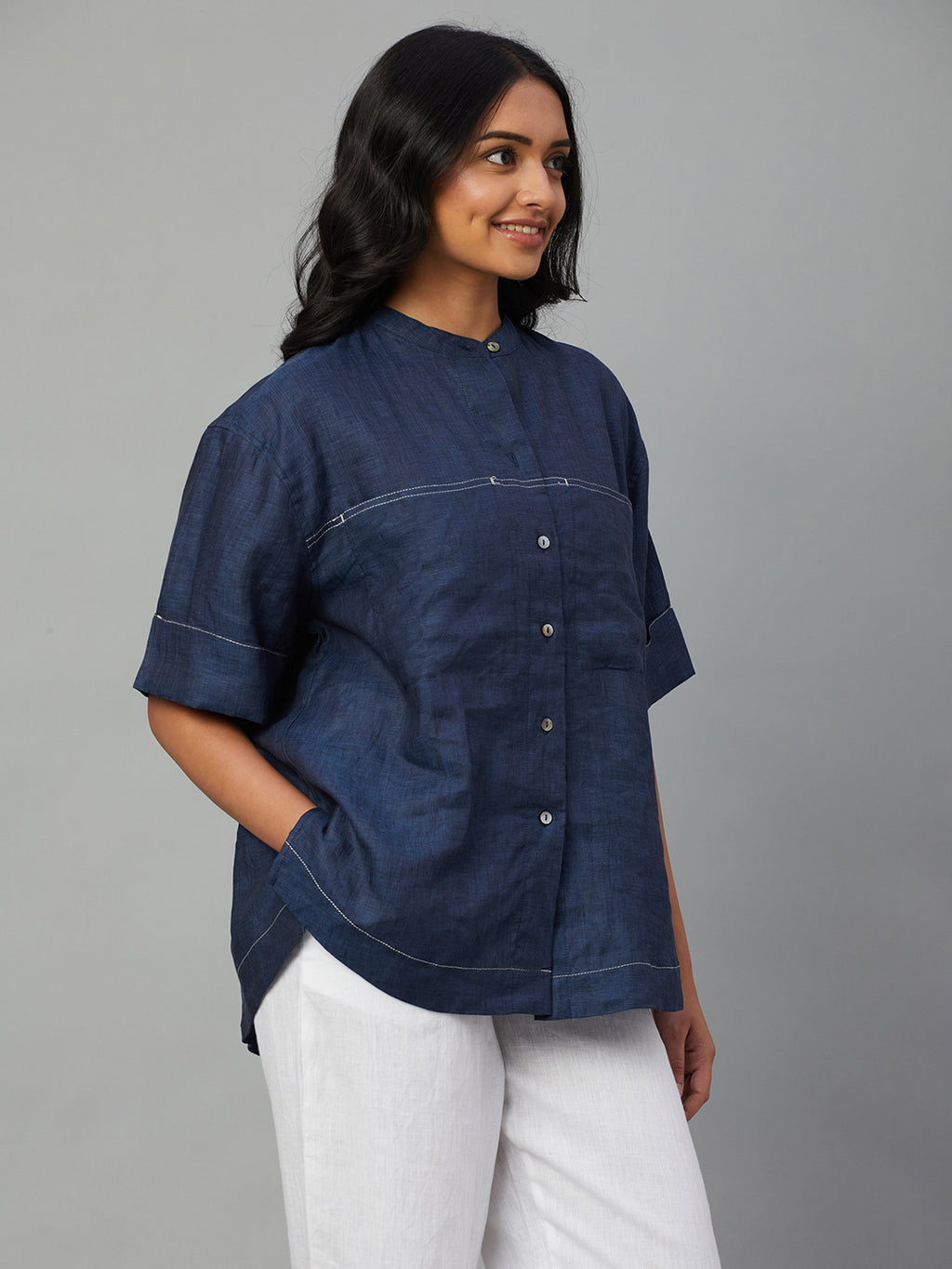 Women's Navy 100% Linen Boxy Fit Blouse