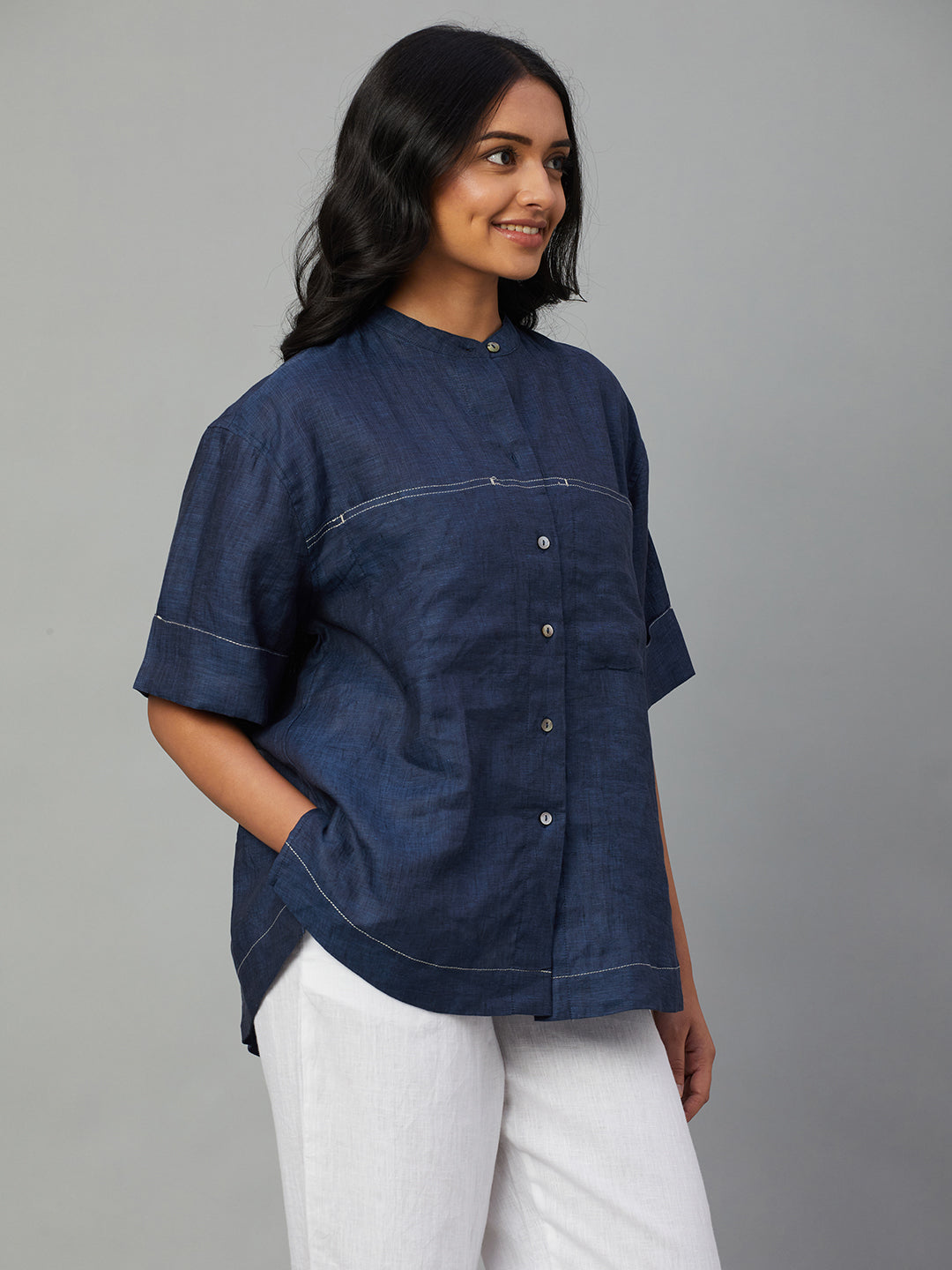 Women's Navy 100% Linen Boxy Fit Blouse