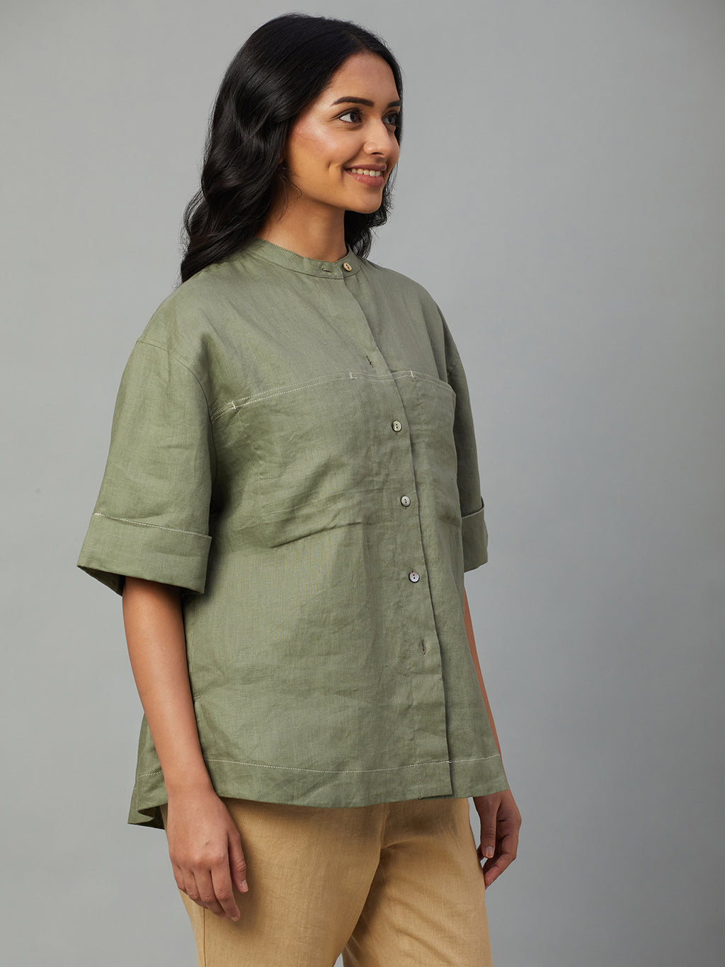 Women's Olive 100% Linen Boxy Fit Blouse