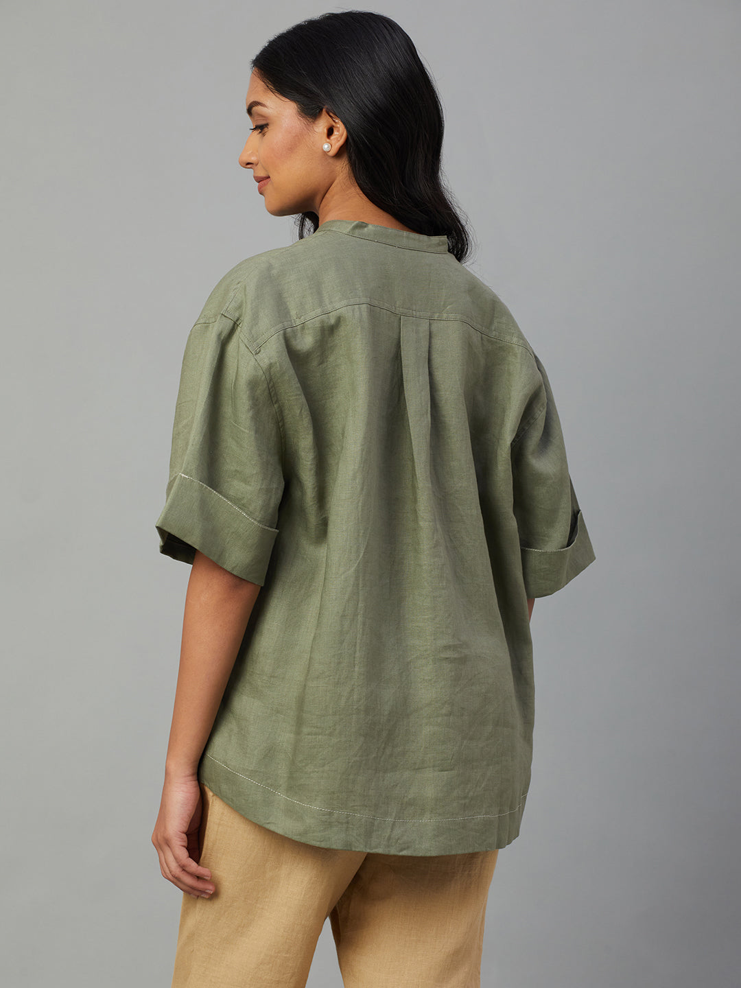 Women's Olive 100% Linen Boxy Fit Blouse