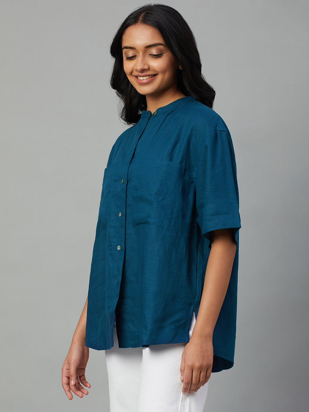 Women's Teal 100% Linen Boxy Fit Blouse