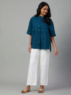 Women's Teal 100% Linen Boxy Fit Blouse