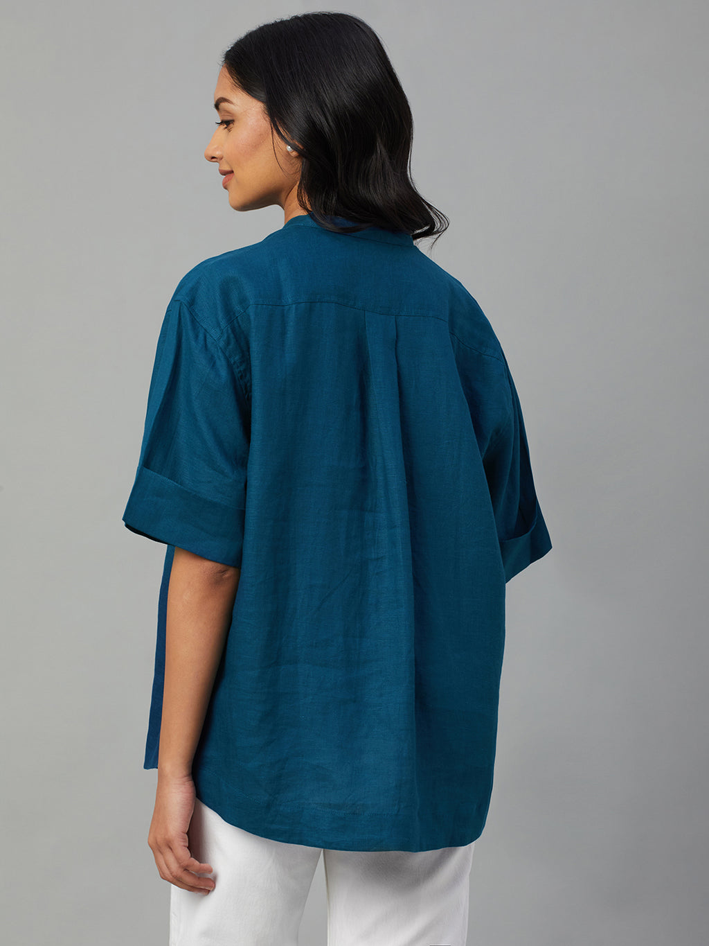 Women's Teal 100% Linen Boxy Fit Blouse