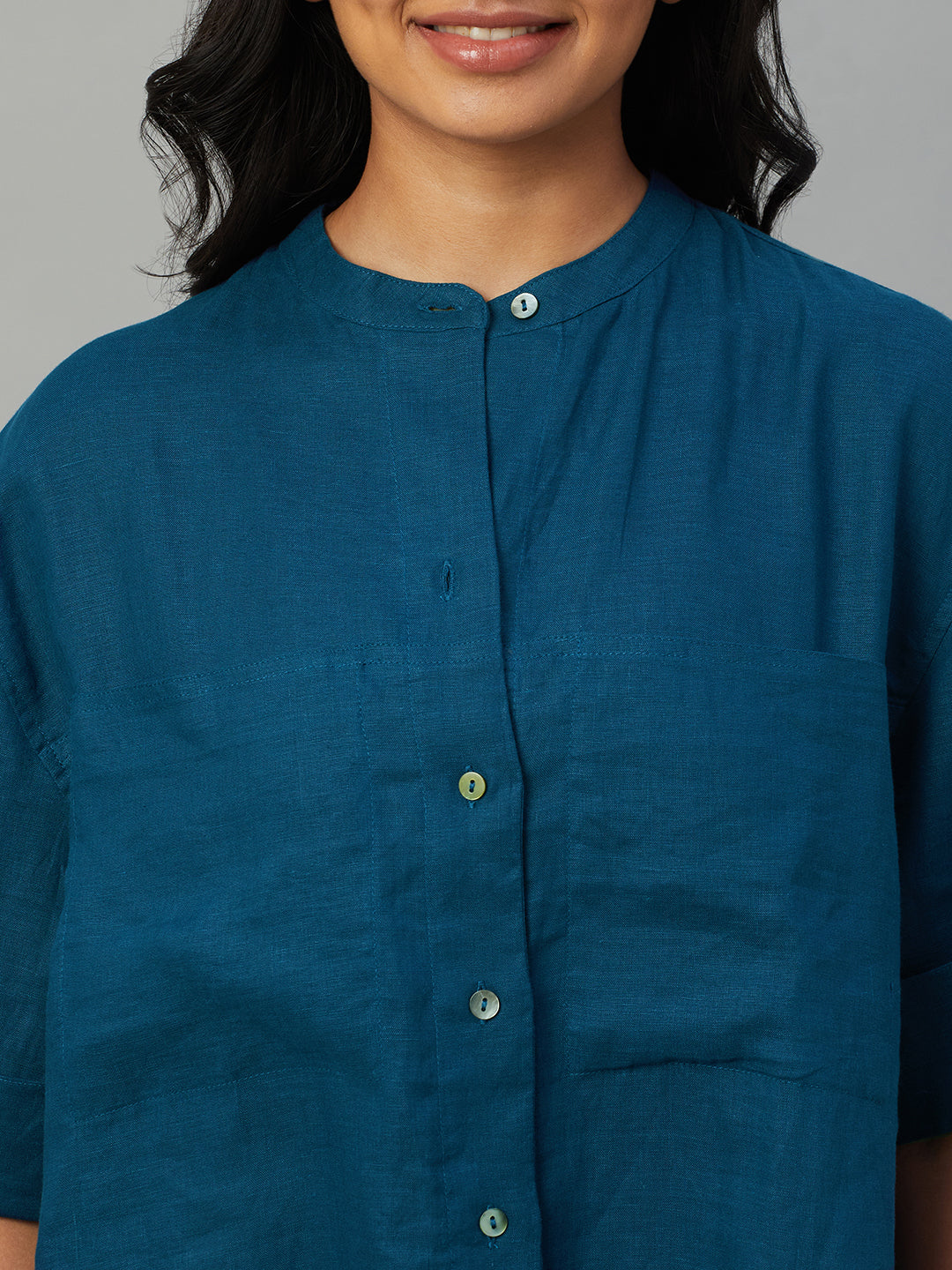 Women's Teal 100% Linen Boxy Fit Blouse