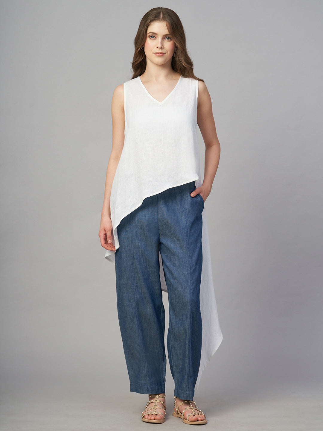 Women's White 100% Linen Regular Fit Blouse