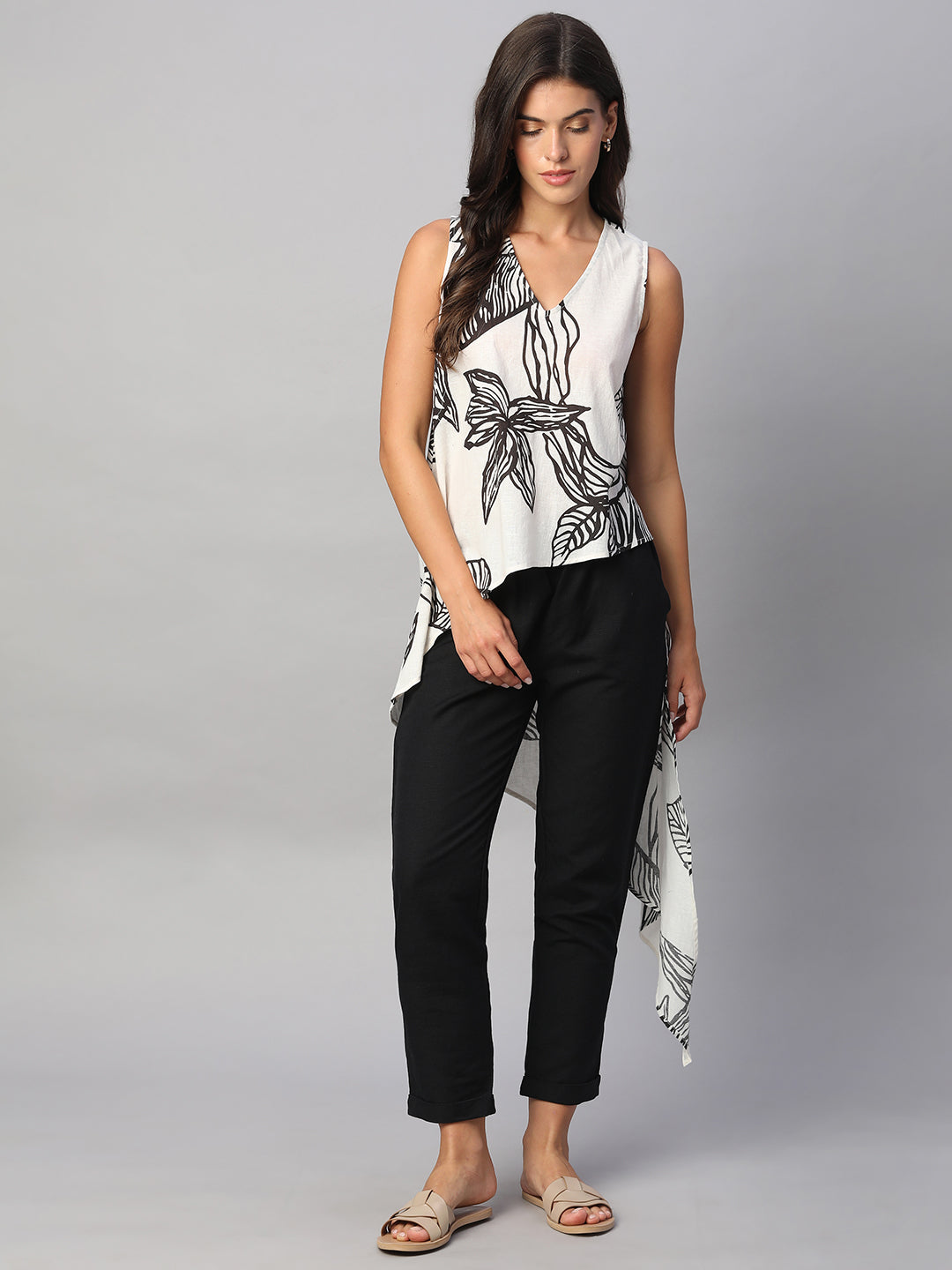 Women's White Cotton Flax Regular Fit Blouse