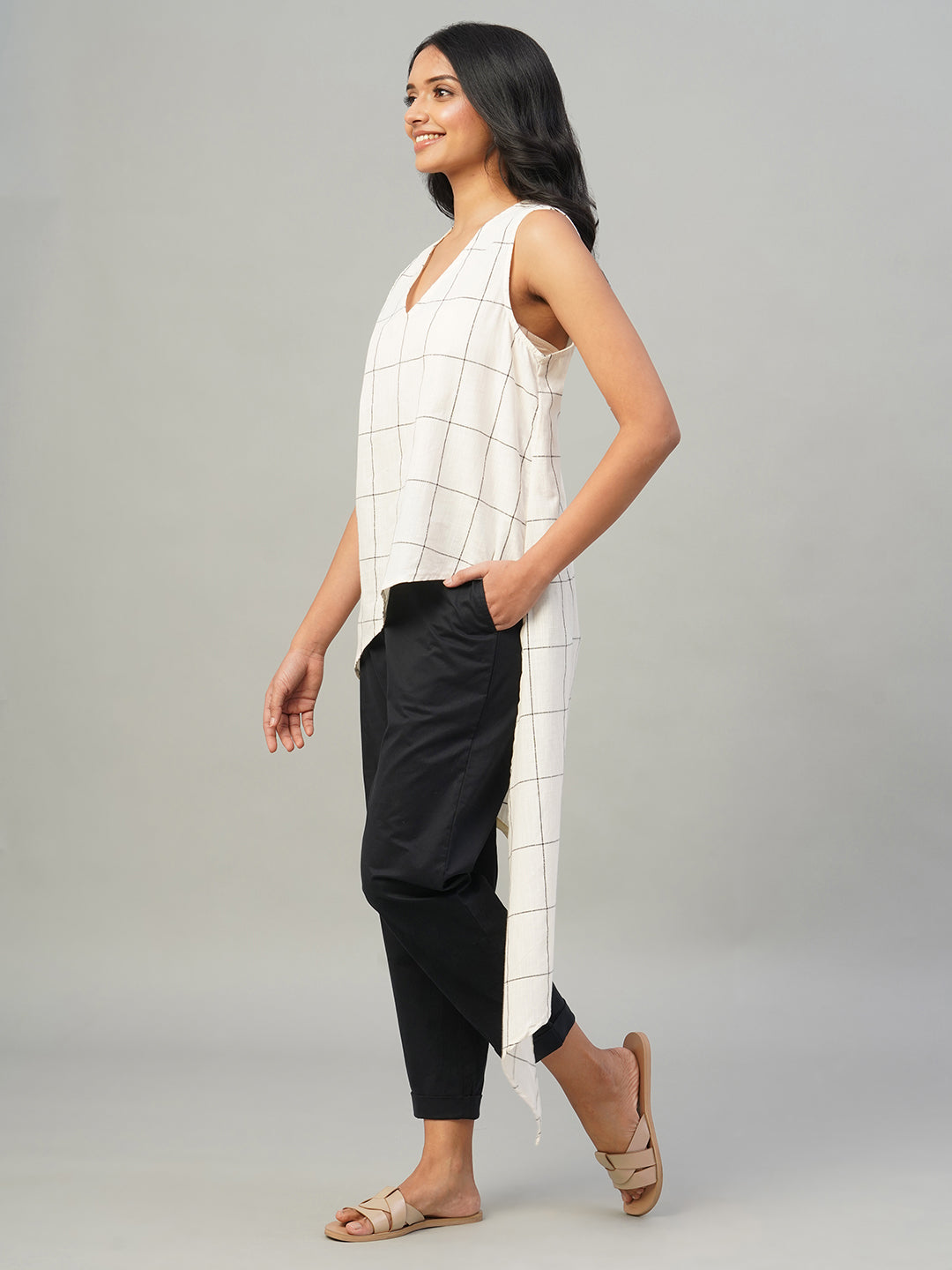 Women's Natural/Black 100% Cotton Regular Fit Blouse
