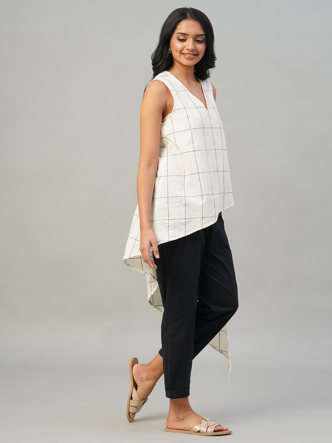 Women's Natural/Black 100% Cotton Regular Fit Blouse
