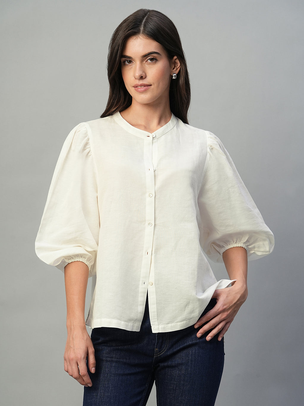 Women's White Linen Cotton Regular Fit Blouse