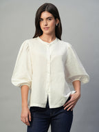 Women's White Linen Cotton Regular Fit Blouse