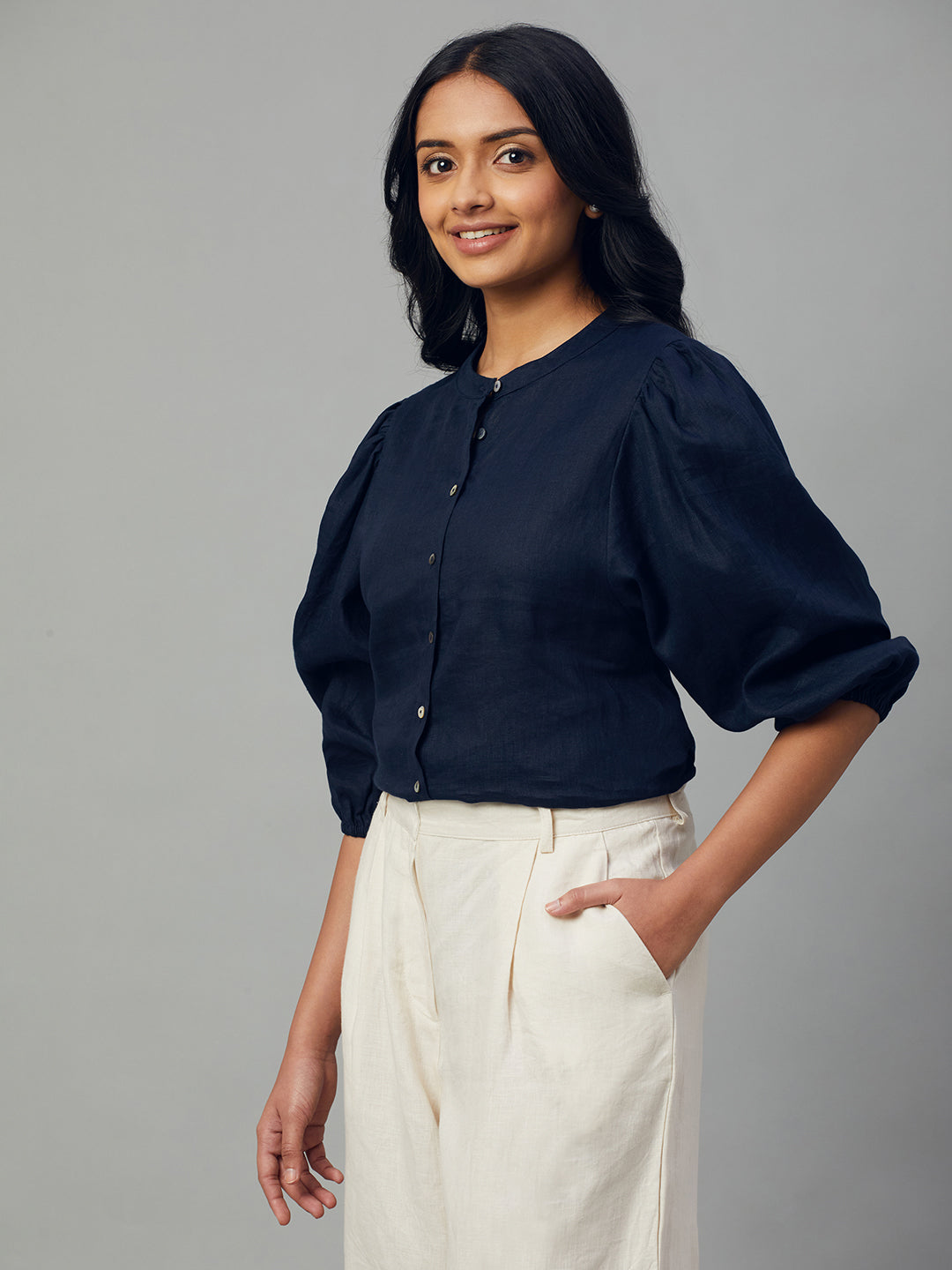 Women's Navy 100% Linen Regular Fit Blouse