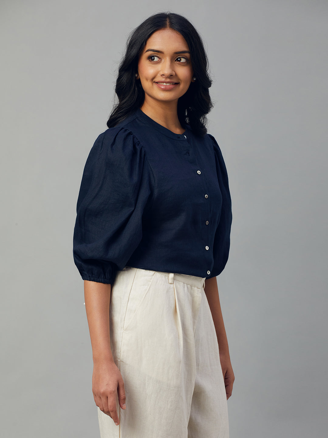 Women's Navy 100% Linen Regular Fit Blouse