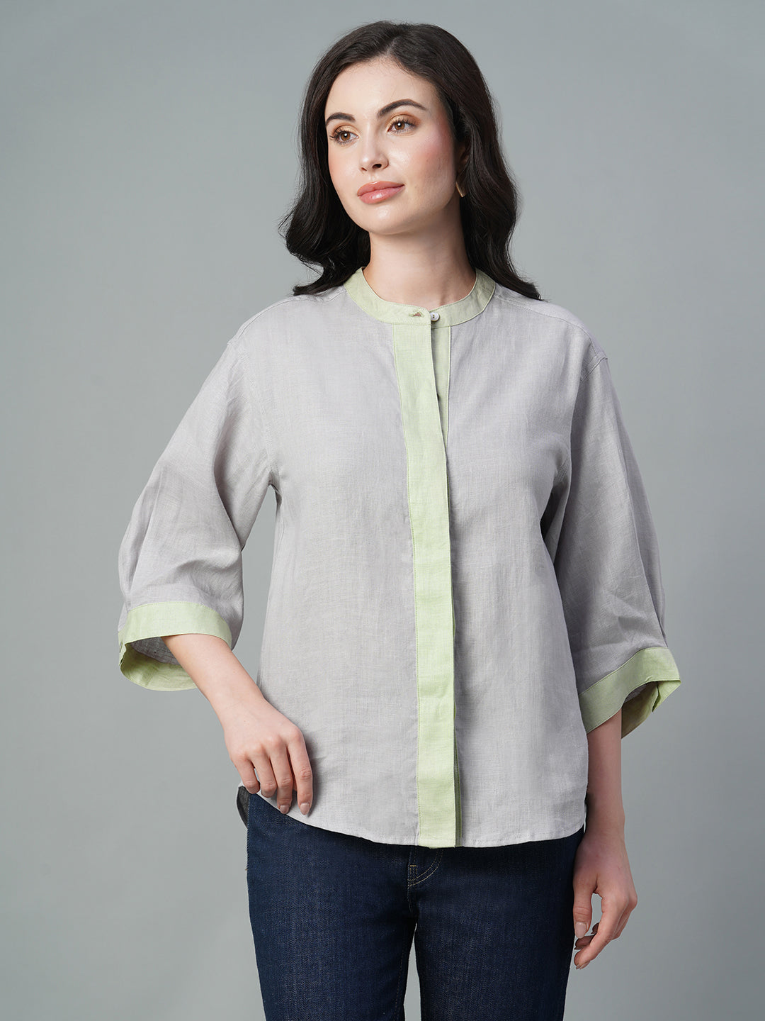 Women's Grey 100% Linen Regular Fit Blouse