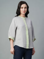 Women's Grey 100% Linen Regular Fit Blouse