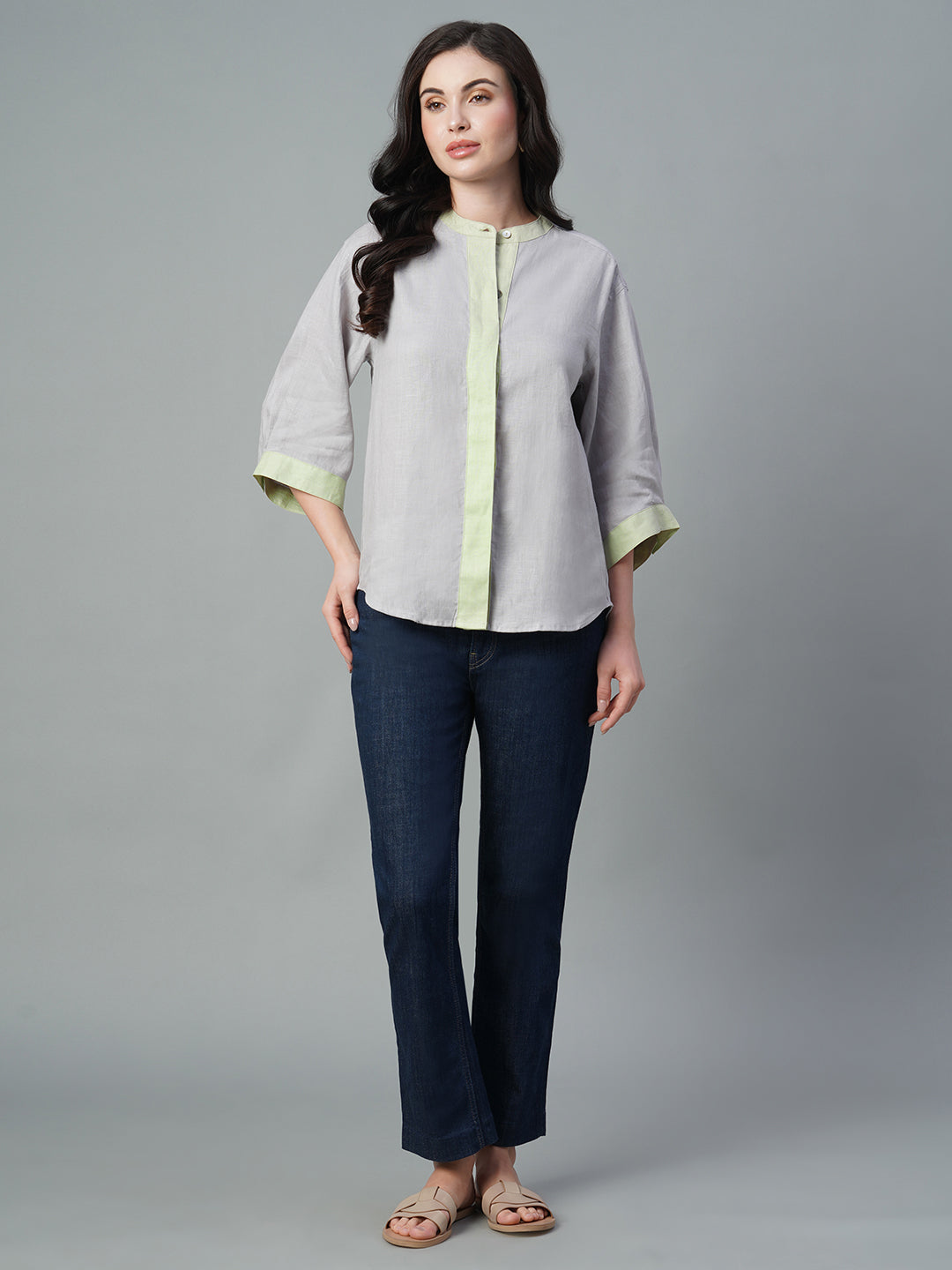 Women's Grey 100% Linen Regular Fit Blouse