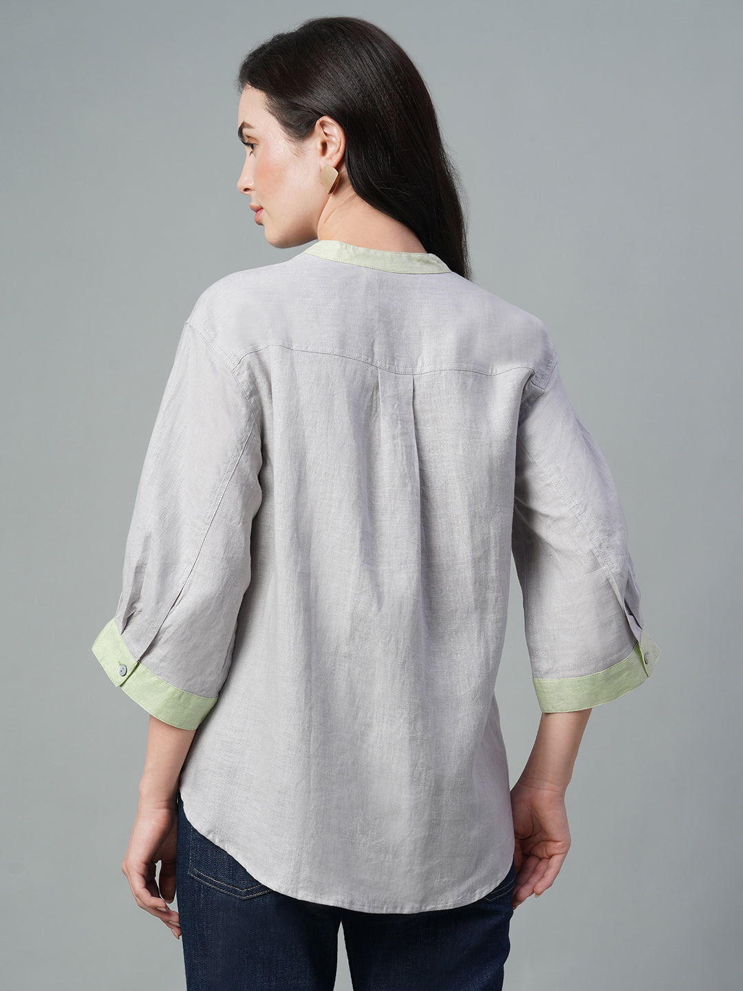 Women's Grey 100% Linen Regular Fit Blouse