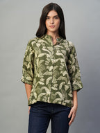 Women's Olive 100% Linen Regular Fit Blouse