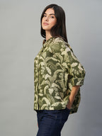 Women's Olive 100% Linen Regular Fit Blouse