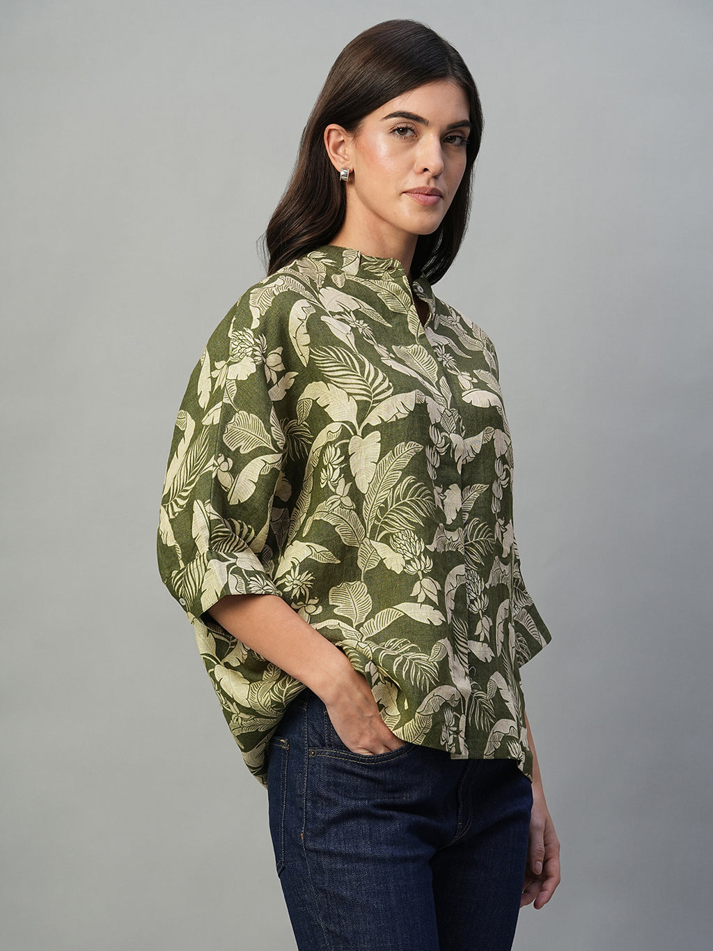 Women's Olive 100% Linen Regular Fit Blouse