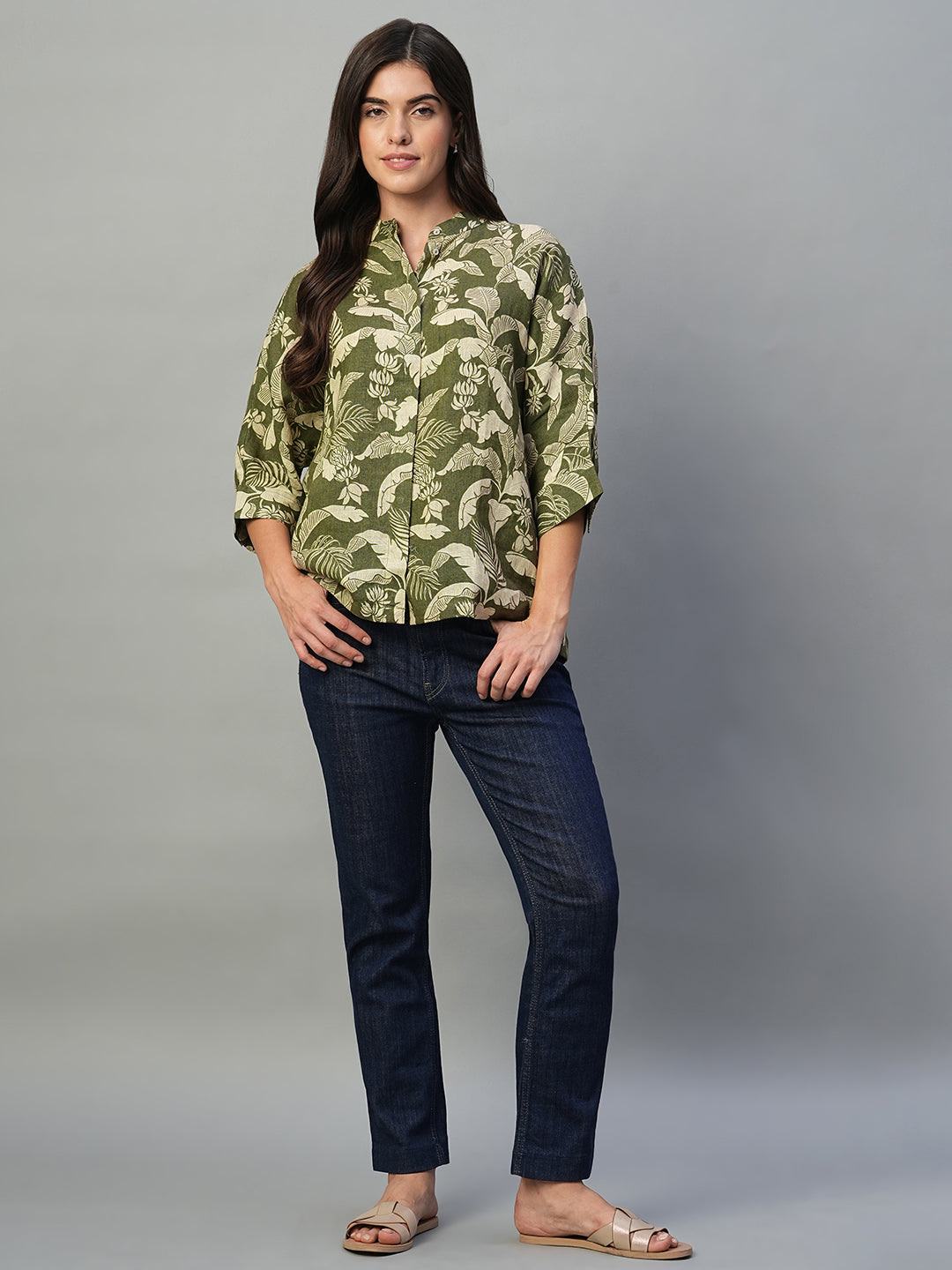 Women's Olive 100% Linen Regular Fit Blouse