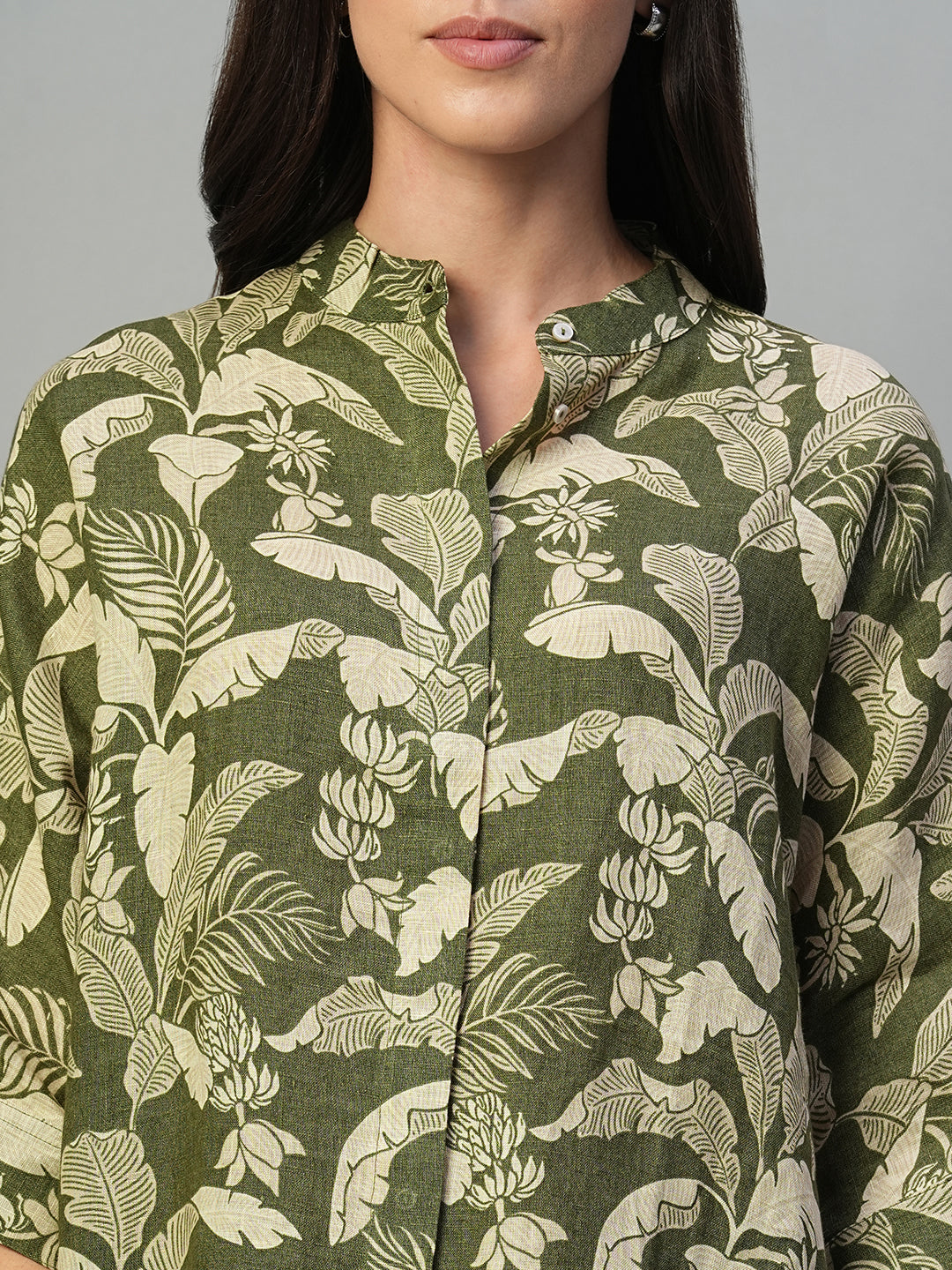 Women's Olive 100% Linen Regular Fit Blouse