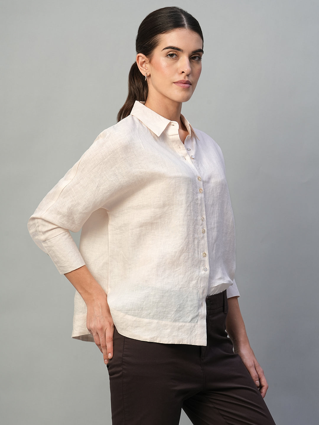 Women's Offwhite 100% Linen Regular Fit Blouse
