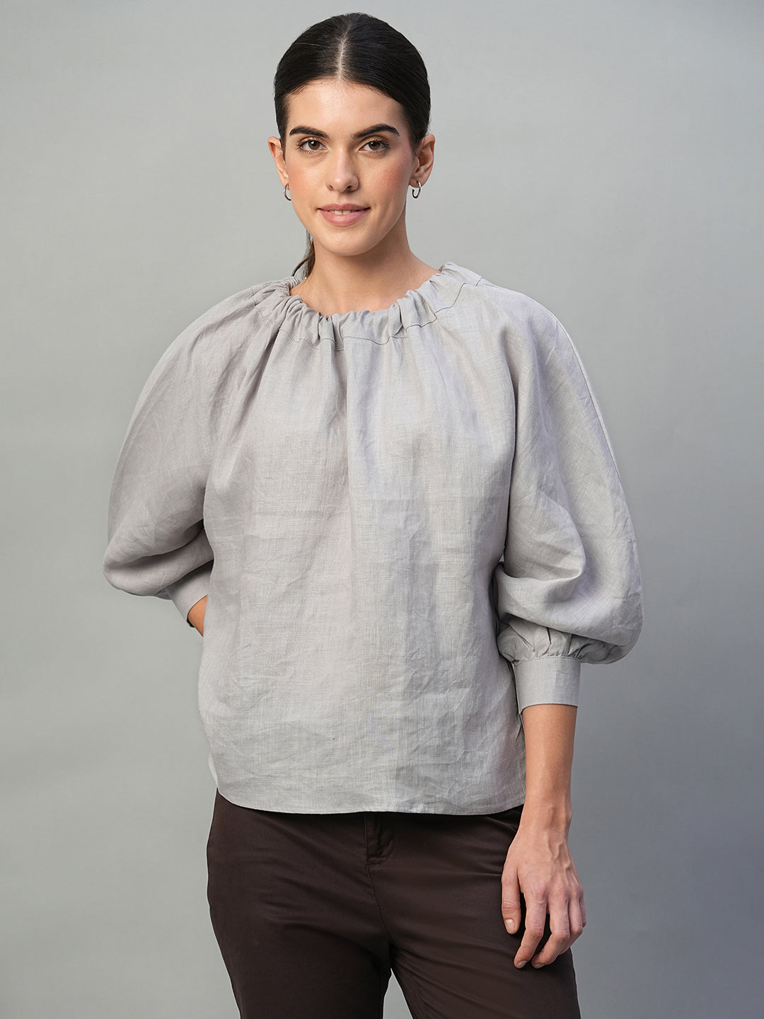 Women's Grey 100% Linen Regular Fit Blouse