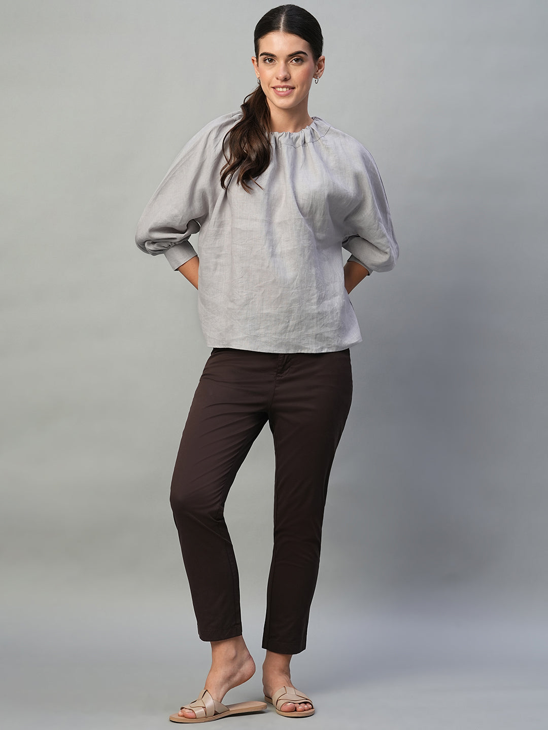Women's Grey 100% Linen Regular Fit Blouse